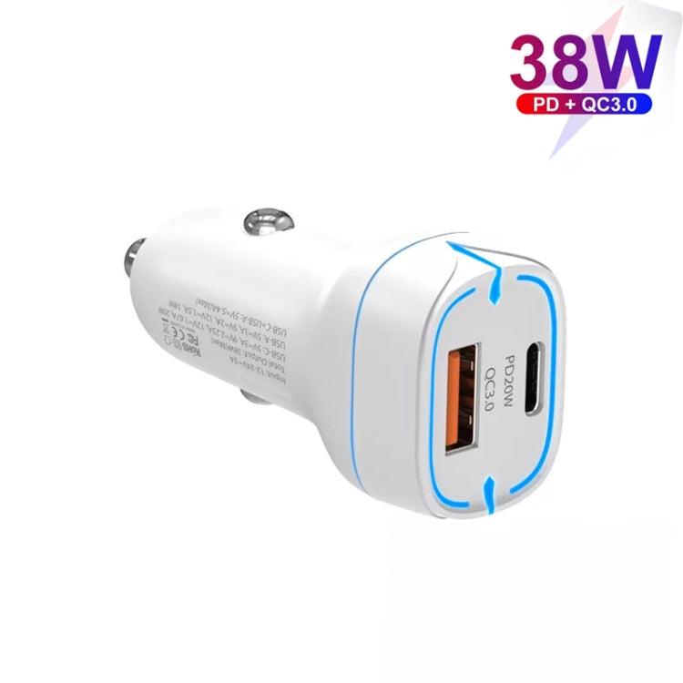 38W PD20W + QC3.0 USB Car Charger with USB to Type-C Data Cable, Length: 1m(White) - Car Charger by PMC TechLife | Online Shopping South Africa | PMC TechLife