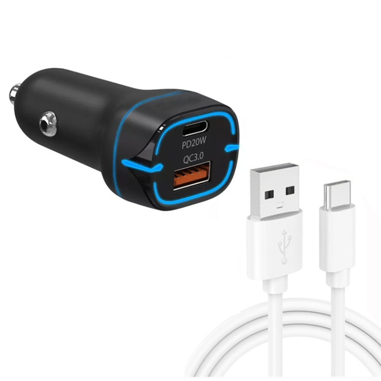 38W PD20W + QC3.0 USB Car Charger with USB to Type-C Data Cable, Length: 1m(Black) - Car Charger by PMC TechLife | Online Shopping South Africa | PMC TechLife