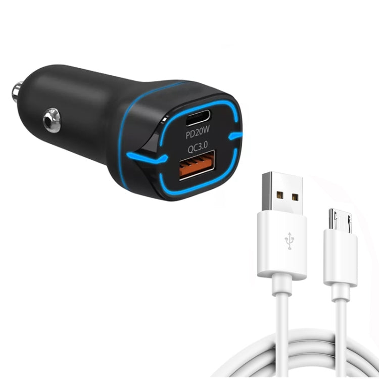 38W PD20W + QC3.0 USB Car Charger with USB to Micro USB Data Cable, Length: 1m(Black) - Car Charger by PMC TechLife | Online Shopping South Africa | PMC TechLife