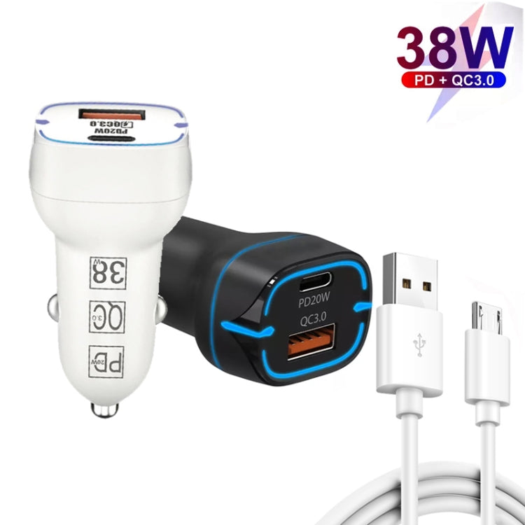 38W PD20W + QC3.0 USB Car Charger with USB to Micro USB Data Cable, Length: 1m(White) - Car Charger by PMC TechLife | Online Shopping South Africa | PMC TechLife