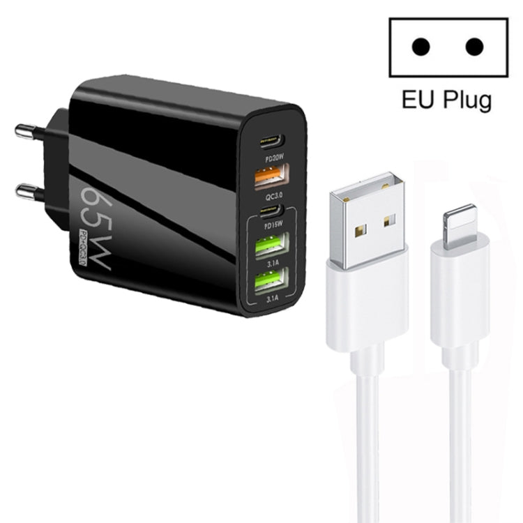 65W Dual PD Type-C + 3 x USB Multi Port Charger with 3A USB to 8 Pin Data Cable, EU Plug(Black) - USB Charger by PMC TechLife | Online Shopping South Africa | PMC TechLife | Buy Now Pay Later Mobicred