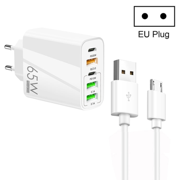 65W Dual PD Type-C + 3 x USB Multi Port Charger with 3A USB to Micro USB Data Cable, EU Plug(White) - USB Charger by PMC TechLife | Online Shopping South Africa | PMC TechLife | Buy Now Pay Later Mobicred
