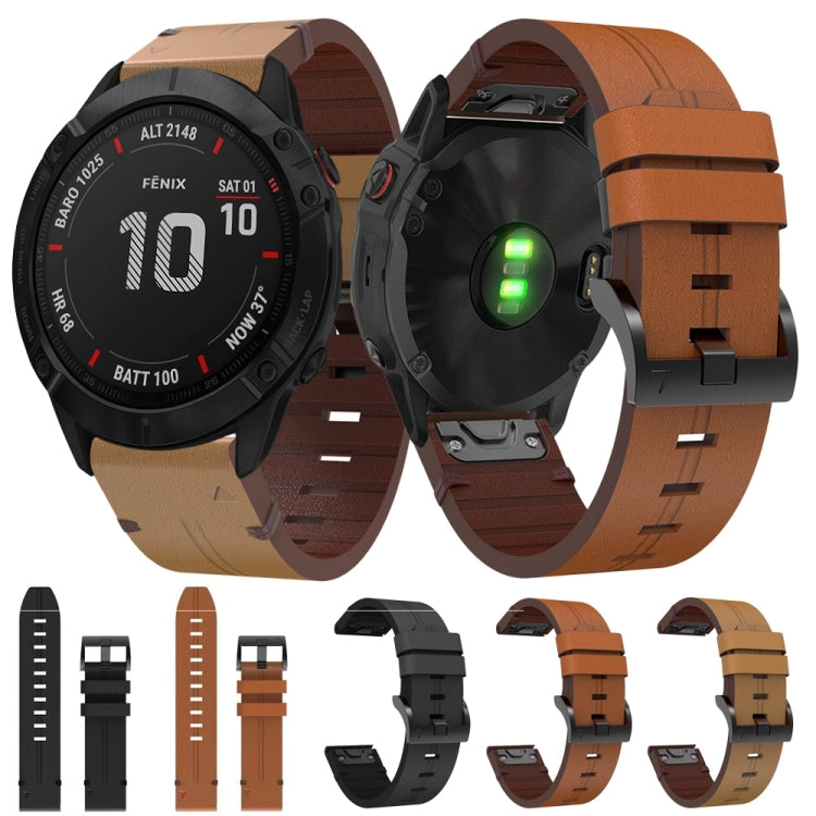 For Garmin Fenix 6X 26mm Leather Steel Buckle Watch Band (Light Brown) - Smart Wear by PMC TechLife | Online Shopping South Africa | PMC TechLife