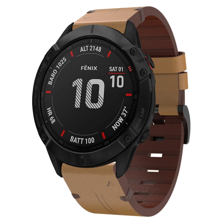 For Garmin Fenix 6X Pro 26mm Leather Steel Buckle Watch Band (Light Brown) - Smart Wear by PMC TechLife | Online Shopping South Africa | PMC TechLife