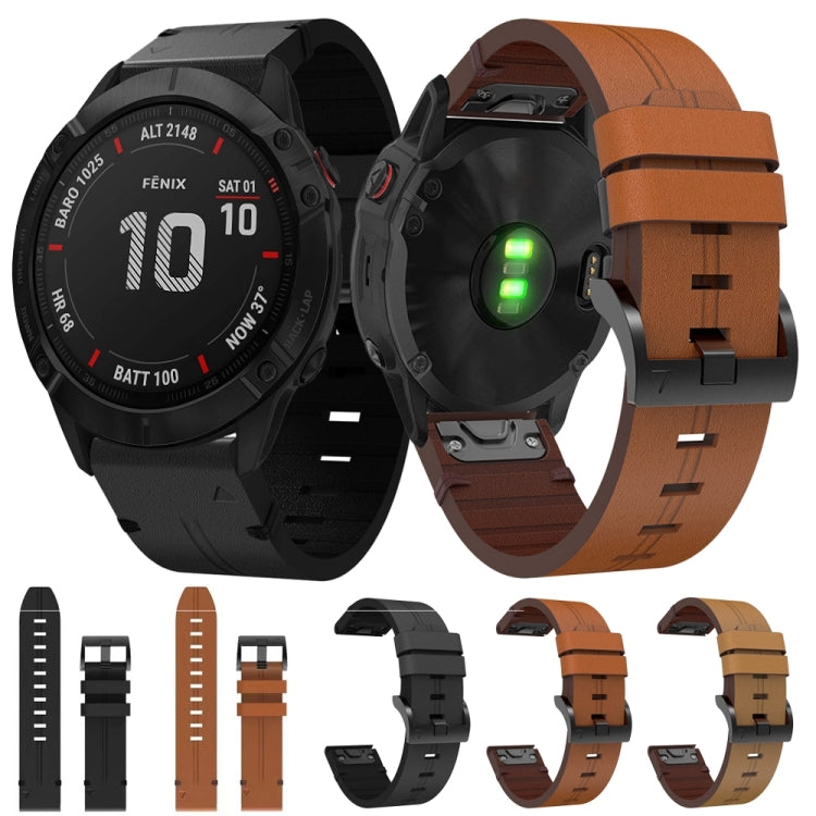 For Garmin Fenix 6X Pro 26mm Leather Steel Buckle Watch Band (Light Brown) - Smart Wear by PMC TechLife | Online Shopping South Africa | PMC TechLife