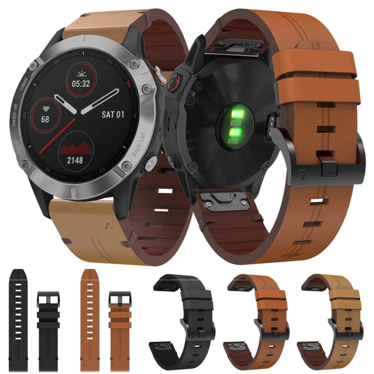 For Garmin Fenix 6 GPS 22mm Leather Steel Buckle Watch Band (Light Brown) - Smart Wear by PMC TechLife | Online Shopping South Africa | PMC TechLife