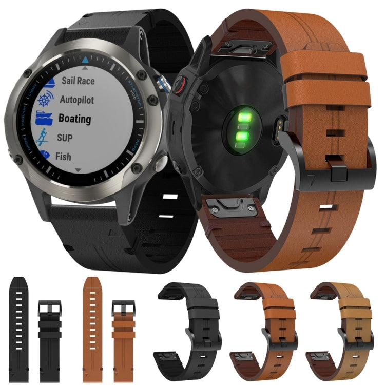 For Garmin Quatix 5 Sapphire 22mm Leather Steel Buckle Watch Band (Light Brown) - Smart Wear by PMC TechLife | Online Shopping South Africa | PMC TechLife