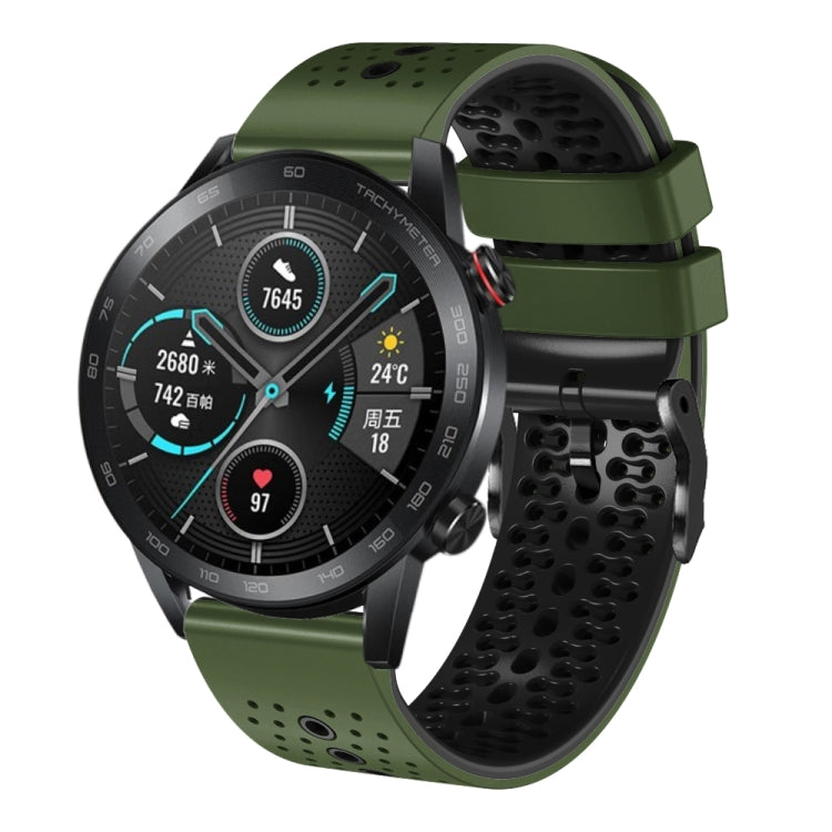 For Honor Magic Watch 2 46mm 22mm Perforated Two-Color Silicone Watch Band(Army Green+Black) - free shipping - PMC TechLife - Order now!