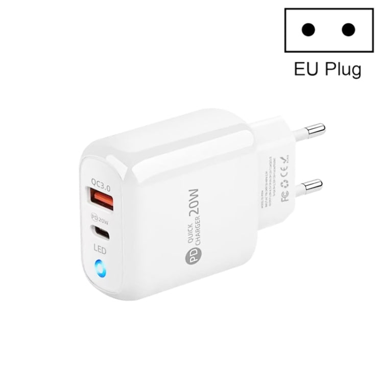 PD04 PD20W Type-C + QC18W USB Mobile Phone Charger with LED Indicator, EU Plug(White) - USB Charger by PMC TechLife | Online Shopping South Africa | PMC TechLife | Buy Now Pay Later Mobicred