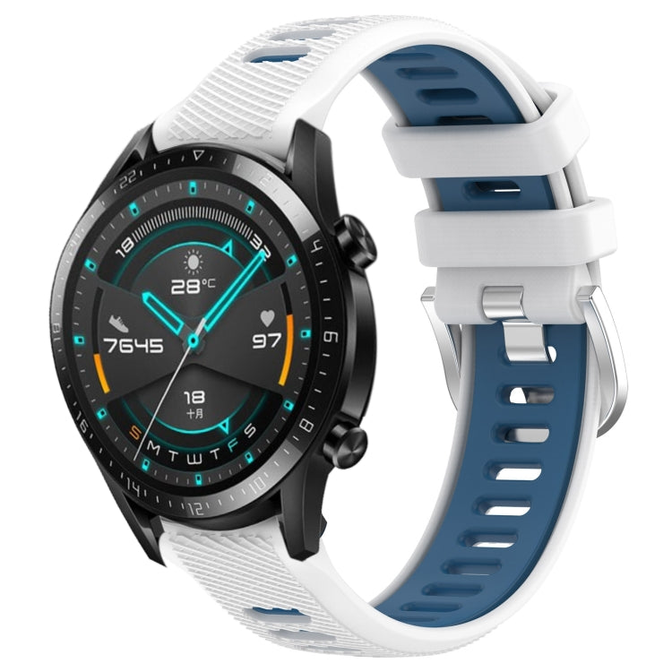 For Huawei Watch GT2 42mm 20mm Sports Two-Color Steel Buckle Silicone Watch Band(White+Blue) - Smart Wear by PMC TechLife | Online Shopping South Africa | PMC TechLife
