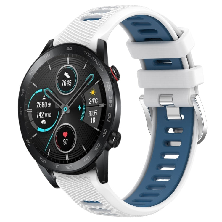 For Honor MagicWatch2 42mm 20mm Sports Two-Color Steel Buckle Silicone Watch Band(White+Blue) - Smart Wear by PMC TechLife | Online Shopping South Africa | PMC TechLife
