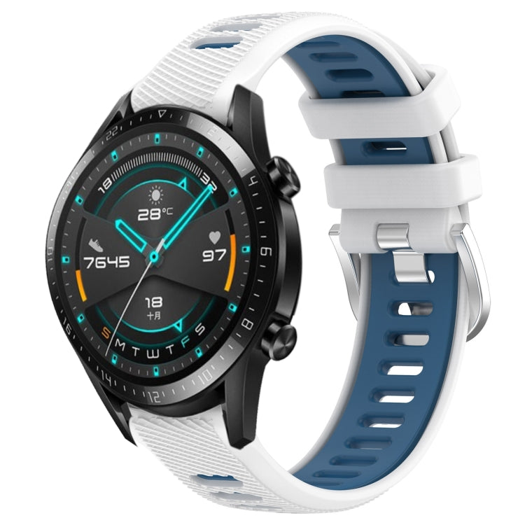 For Huawei GT2 46mm 22mm Sports Two-Color Steel Buckle Silicone Watch Band(White+Blue) - Smart Wear by PMC TechLife | Online Shopping South Africa | PMC TechLife
