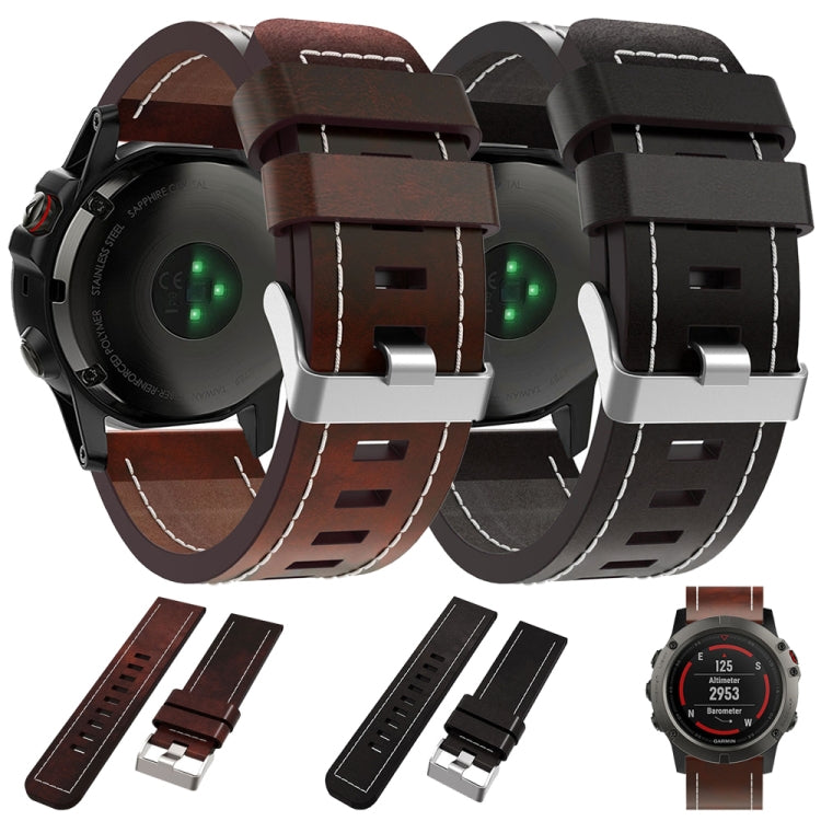 For Garmin Fenix 5X Sapphire 26mm Sewing Leather Steel Buckle Watch Band(Black) - Smart Wear by PMC TechLife | Online Shopping South Africa | PMC TechLife
