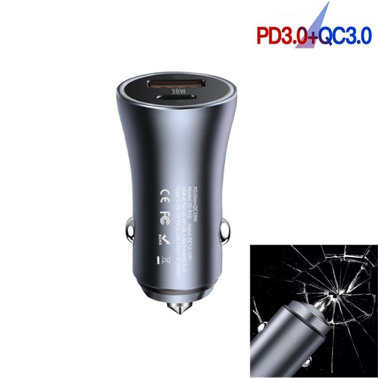 P20 38W PD3.0 20W + QC3.0 USB Safety Hammer Car Charger(Silver Gray) - Car Charger by PMC TechLife | Online Shopping South Africa | PMC TechLife