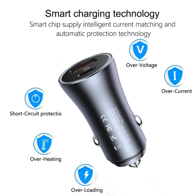 P20 38W PD3.0 20W + QC3.0 USB Safety Hammer Car Charger(Black) - Car Charger by PMC TechLife | Online Shopping South Africa | PMC TechLife