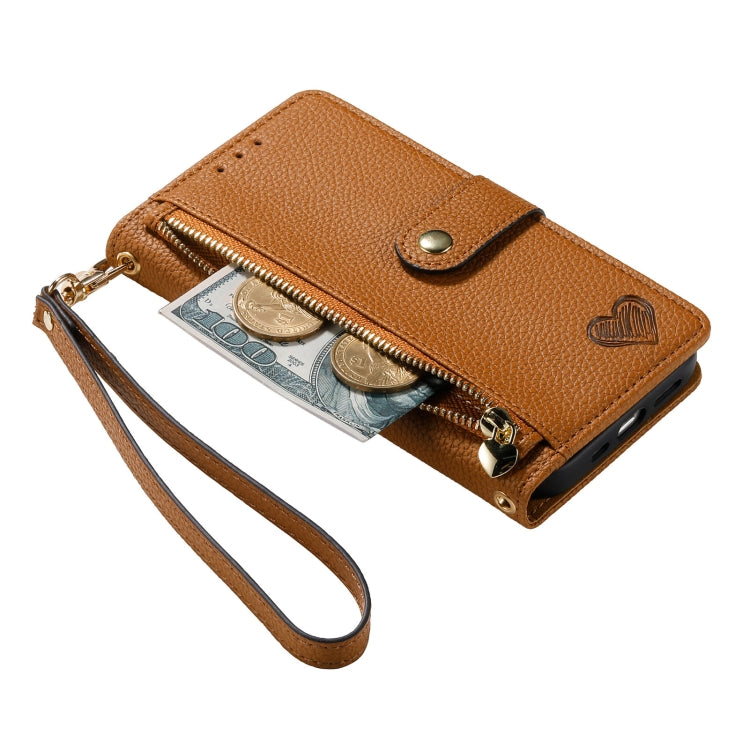 For iPhone 13 Pro Love Zipper Lanyard Leather Phone Case(Brown) - free shipping - PMC TechLife - Order now!