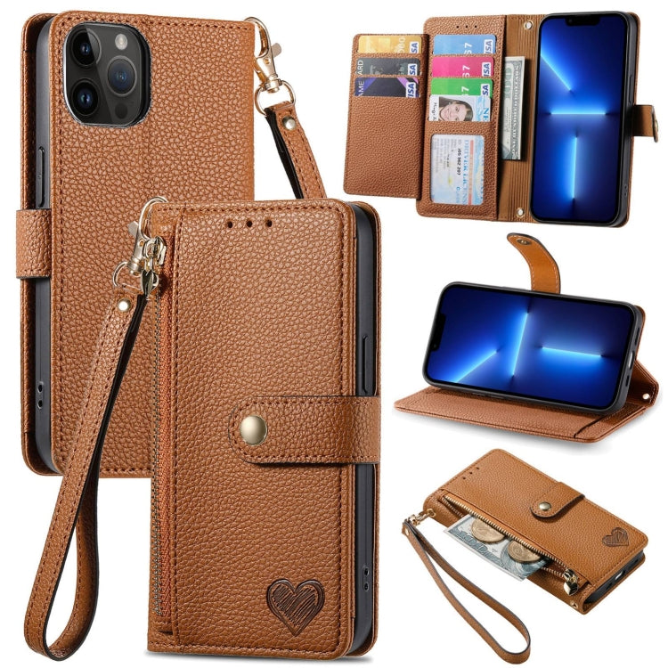 For iPhone 13 Pro Love Zipper Lanyard Leather Phone Case(Brown) - free shipping - PMC TechLife - Order now!