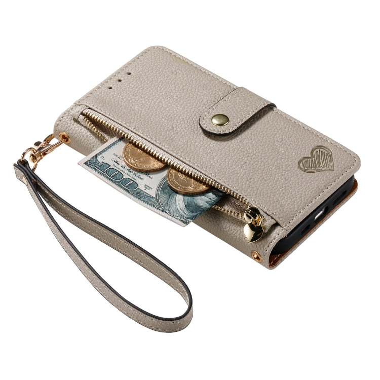 For iPhone 12 / 12 Pro Love Zipper Lanyard Leather Phone Case(Gray) - free shipping - PMC TechLife - Order now!