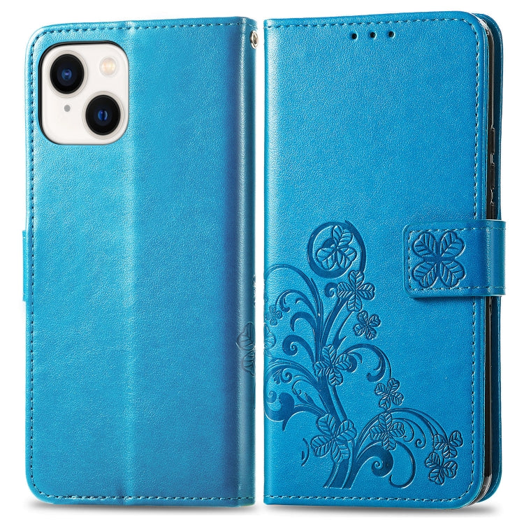 For iPhone 15 Plus Four-leaf Clasp Embossed Buckle Leather Phone Case(Blue) - iPhone 15 Plus Cases by PMC TechLife | Online Shopping South Africa | PMC TechLife