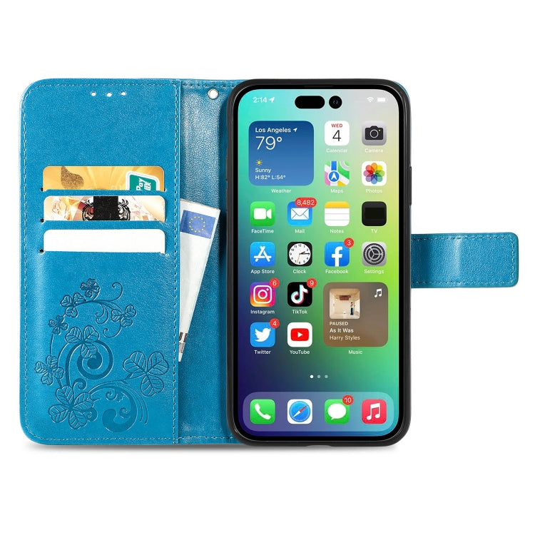 For iPhone 15 Plus Four-leaf Clasp Embossed Buckle Leather Phone Case(Blue) - iPhone 15 Plus Cases by PMC TechLife | Online Shopping South Africa | PMC TechLife