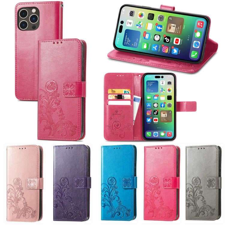 For iPhone 15 Pro Max Four-leaf Clasp Embossed Buckle Leather Phone Case(Rose Gold) - iPhone 15 Pro Max Cases by PMC TechLife | Online Shopping South Africa | PMC TechLife