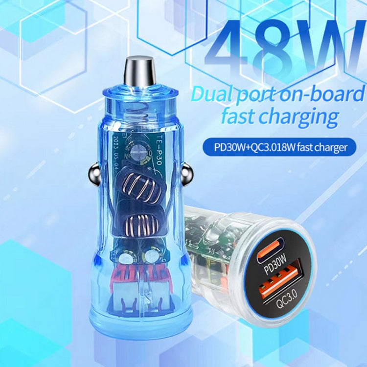 P35 48W PD30W + QC3.0 18W USB Transparent Car Charger with Type-C to 8 Pin Phone Data Cable(Transparent Blue) - Car Charger by PMC TechLife | Online Shopping South Africa | PMC TechLife