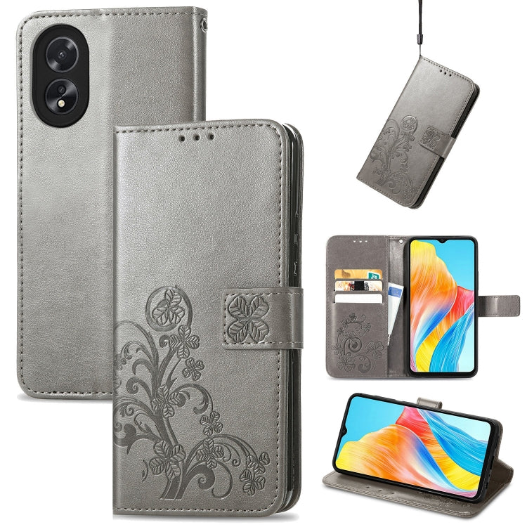 For OPPO A38 Four-leaf Clasp Embossed Buckle Leather Phone Case(Grey) - free shipping - PMC TechLife - Order now!