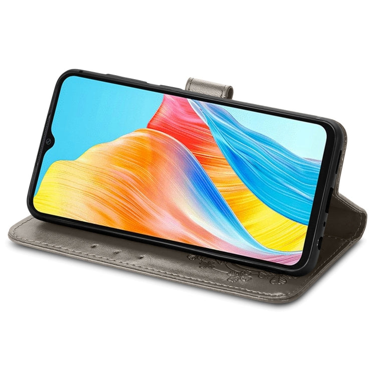 For OPPO A38 Four-leaf Clasp Embossed Buckle Leather Phone Case(Grey) - free shipping - PMC TechLife - Order now!