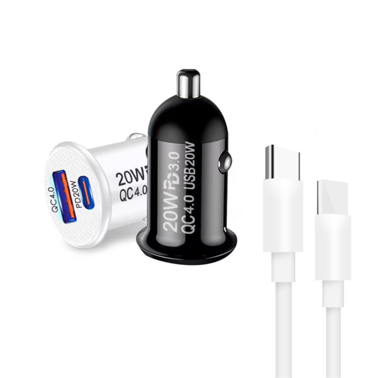 P10 Mini QC4.0 USB / PD20W Car Charger with Type-C to Type-C Fast Charging Data Cable(White) - Car Charger by PMC TechLife | Online Shopping South Africa | PMC TechLife