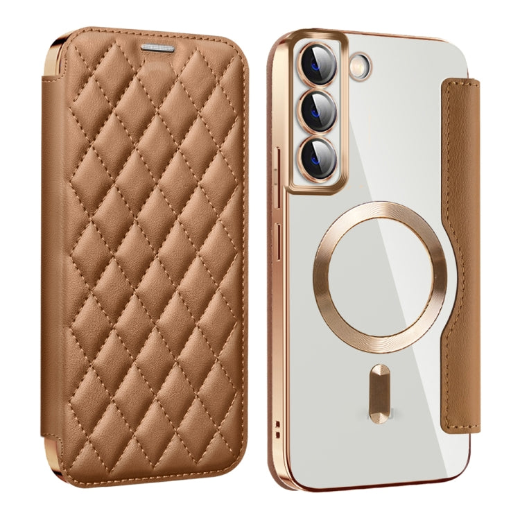 For Samsung Galaxy S23+ 5G Shield Magsafe RFID Anti-theft Rhombus Leather Phone Case(Brown) - Galaxy S23+ 5G Cases by PMC TechLife | Online Shopping South Africa | PMC TechLife