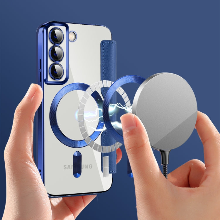 For Samsung Galaxy S22 5G Shield Magsafe RFID Anti-theft Rhombus Leather Phone Case(Dark Blue) - Galaxy S22 5G Cases by PMC TechLife | Online Shopping South Africa | PMC TechLife