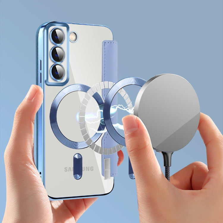 For Samsung Galaxy S22 5G Shield Magsafe RFID Anti-theft Rhombus Leather Phone Case(Blue) - Galaxy S22 5G Cases by PMC TechLife | Online Shopping South Africa | PMC TechLife