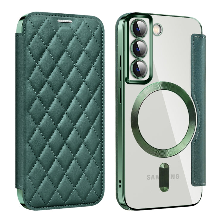 For Samsung Galaxy S22 5G Shield MagSafe RFID Anti-theft Rhombus Leather Phone Case(Green) - Galaxy S22 5G Cases by PMC TechLife | Online Shopping South Africa | PMC TechLife | Buy Now Pay Later Mobicred