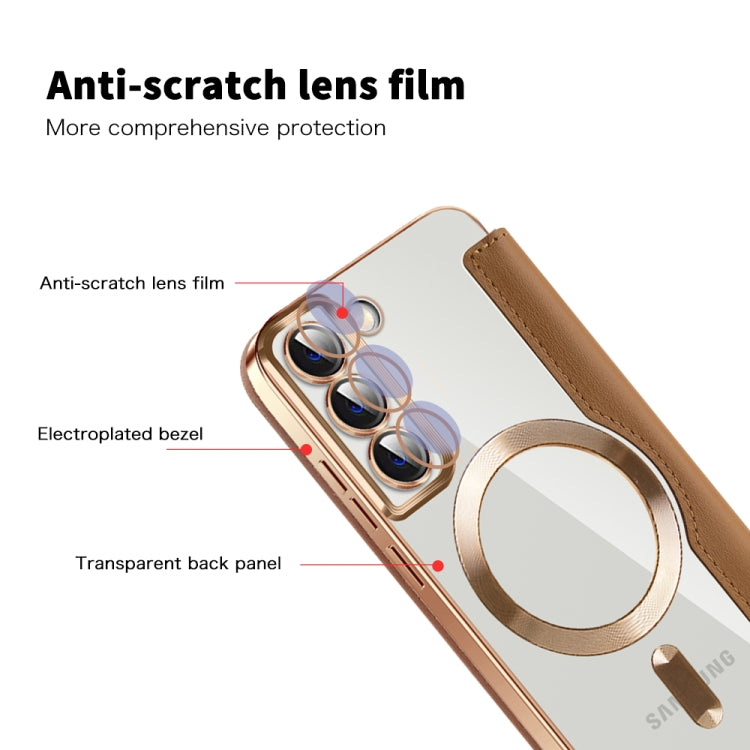 For Samsung Galaxy S22+ 5G Shield MagSafe RFID Anti-theft Rhombus Leather Phone Case(Brown) - Galaxy S22+ 5G Cases by PMC TechLife | Online Shopping South Africa | PMC TechLife | Buy Now Pay Later Mobicred
