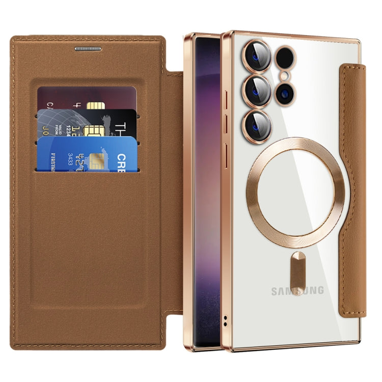 For Samsung Galaxy S24 Ultra 5G Shield Magsafe RFID Anti-theft Rhombus Leather Phone Case(Brown) - Galaxy S24 Ultra 5G Cases by PMC TechLife | Online Shopping South Africa | PMC TechLife