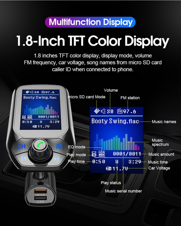 T43 Car Bluetooth Mp3 Multi-function Large Color Screen QC3.0 Bluetooth Car Charge Lossless Car Bluetooth Player - Bluetooth Car Kits by PMC TechLife | Online Shopping South Africa | PMC TechLife