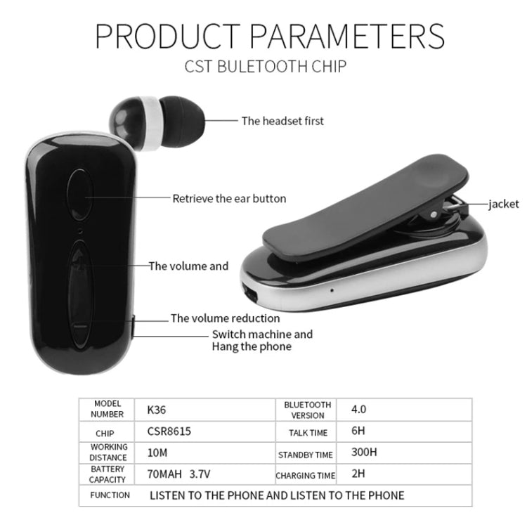 K36 Stereo Wireless Bluetooth Headset Calls Remind Vibration Wear Clip Driver Auriculares Earphone(Pink) - Bluetooth Earphone by PMC TechLife | Online Shopping South Africa | PMC TechLife