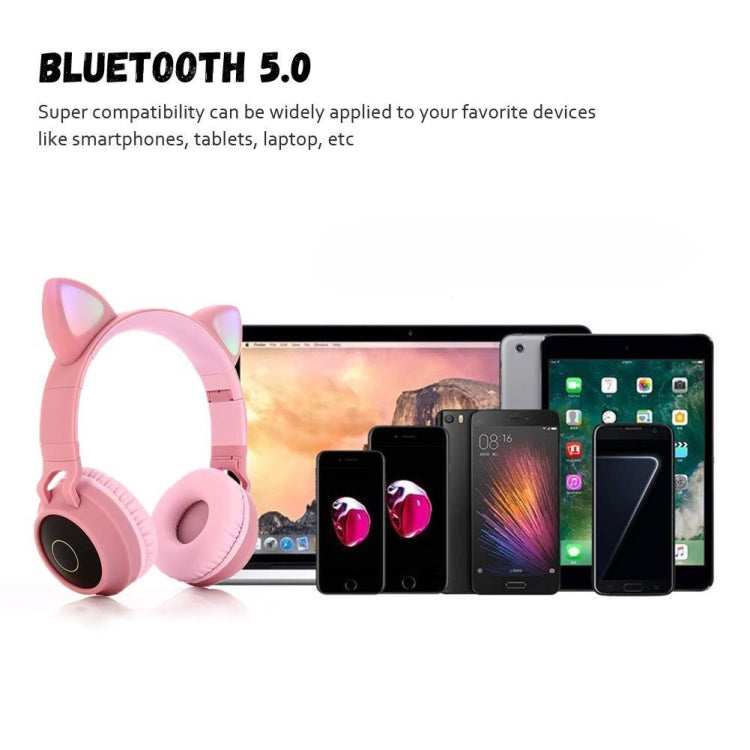 BT028C Cute Cat Ear Bluetooth 5.0 Headphones Foldable On-Ear Stereo Wireless Headset Headphone with Mic / LED Light / FM Radio / TF Card(Blue) - Headset & Headphone by PMC TechLife | Online Shopping South Africa | PMC TechLife