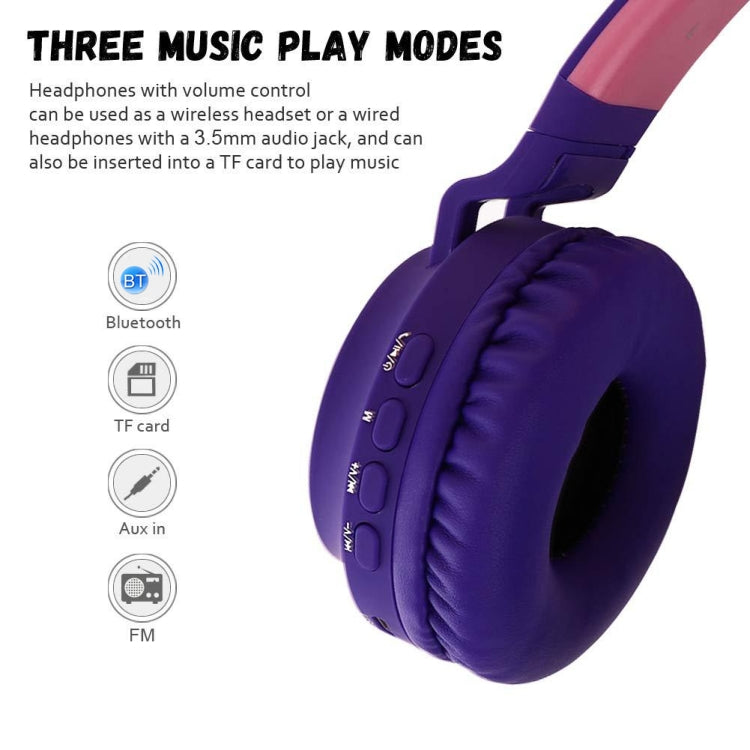 BT028C Cute Cat Ear Bluetooth 5.0 Headphones Foldable On-Ear Stereo Wireless Headset Headphone with Mic / LED Light / FM Radio / TF Card(Blue) - Headset & Headphone by PMC TechLife | Online Shopping South Africa | PMC TechLife