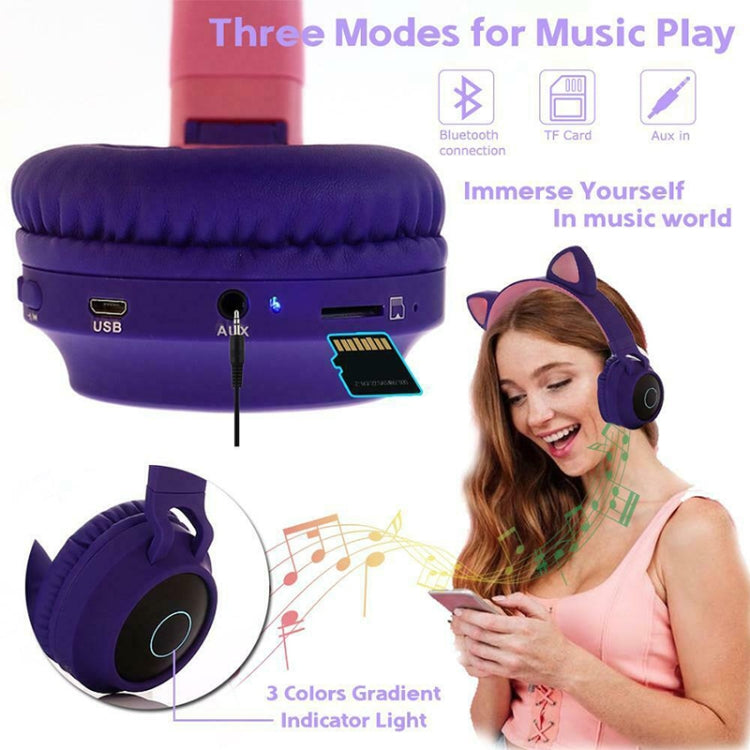 BT028C Cute Cat Ear Bluetooth 5.0 Headphones Foldable On-Ear Stereo Wireless Headset Headphone with Mic / LED Light / FM Radio / TF Card(Purple) - Headset & Headphone by PMC TechLife | Online Shopping South Africa | PMC TechLife