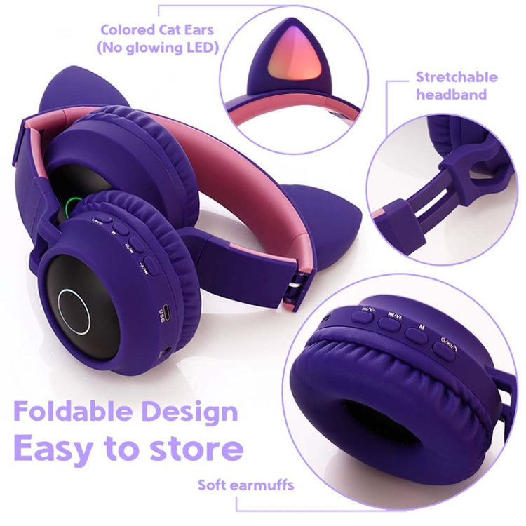 BT028C Cute Cat Ear Bluetooth 5.0 Headphones Foldable On-Ear Stereo Wireless Headset Headphone with Mic / LED Light / FM Radio / TF Card(Purple) - Headset & Headphone by PMC TechLife | Online Shopping South Africa | PMC TechLife