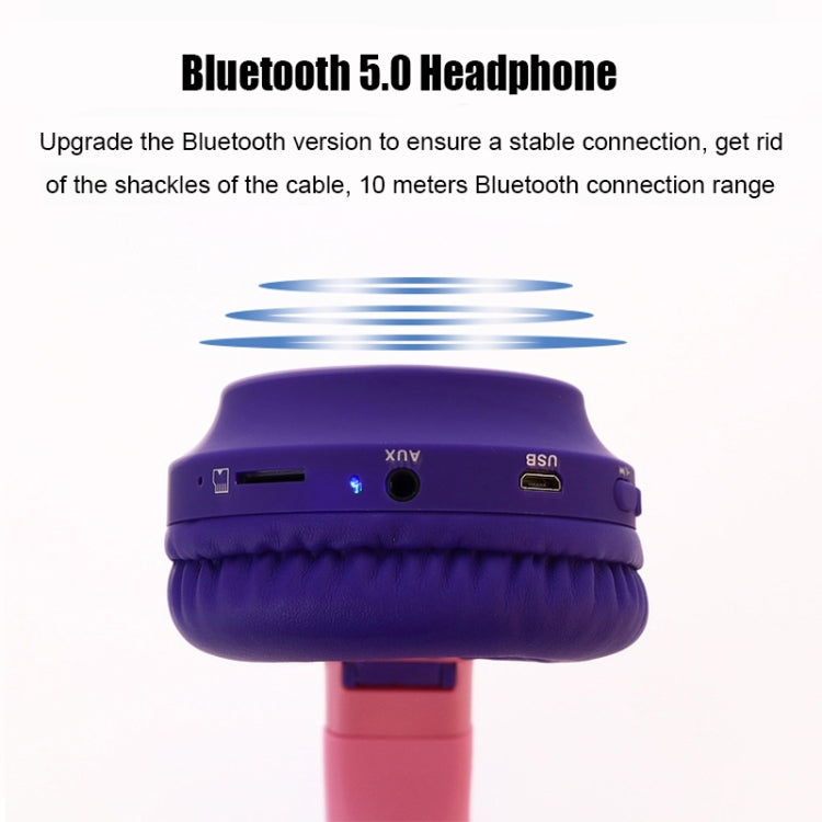 BT028C Cute Cat Ear Bluetooth 5.0 Headphones Foldable On-Ear Stereo Wireless Headset Headphone with Mic / LED Light / FM Radio / TF Card(Purple) - Headset & Headphone by PMC TechLife | Online Shopping South Africa | PMC TechLife