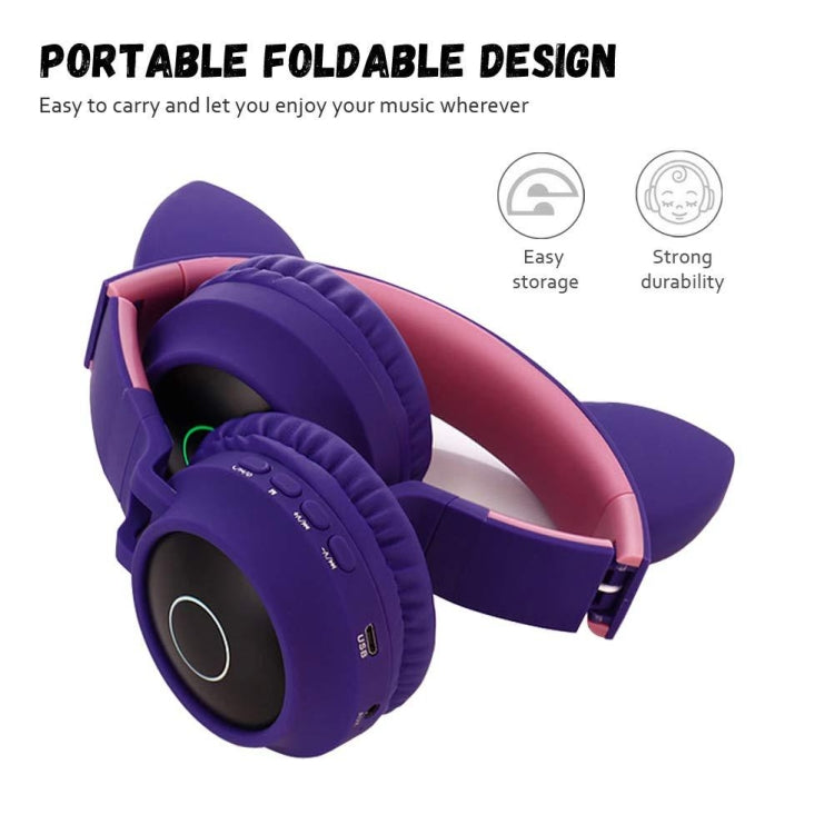 BT028C Cute Cat Ear Bluetooth 5.0 Headphones Foldable On-Ear Stereo Wireless Headset Headphone with Mic / LED Light / FM Radio / TF Card(Purple) - Headset & Headphone by PMC TechLife | Online Shopping South Africa | PMC TechLife