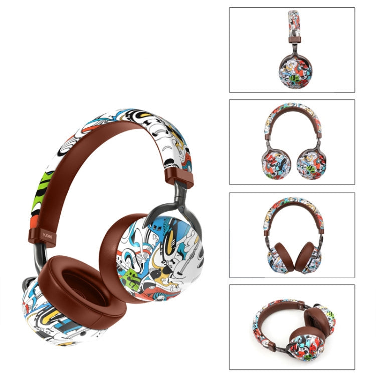 VJ086 Graffiti Headset Wireless Sports Bluetooth Headset Water Transfer Color Print Headset, Support TF, FM(Black+White) - Headset & Headphone by PMC TechLife | Online Shopping South Africa | PMC TechLife