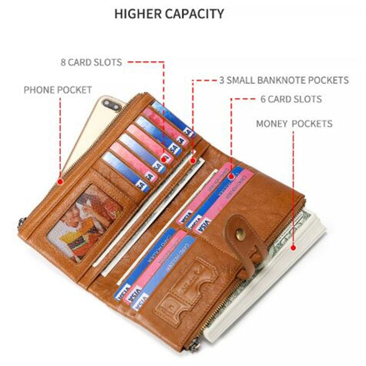 Ladies Genuine Leather Long Wallet Anti-theft Card Bag Multifunctional Clutch Bag(Coffee) - free shipping - PMC TechLife - Order now!