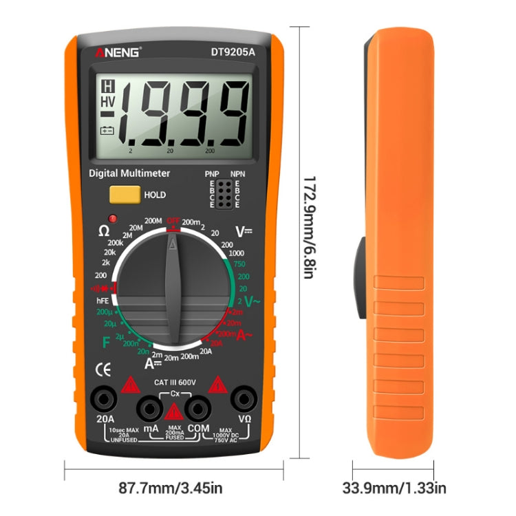 ANENG Automatic High-Precision Intelligent Digital Multimeter, Model:DT9205A HOLD Key(Orange) - Digital Multimeter by ANENG | Online Shopping South Africa | PMC TechLife | Buy Now Pay Later Mobicred