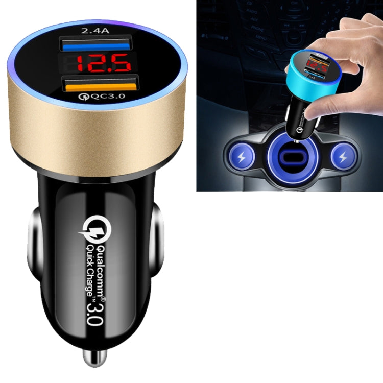 2 PCS Aluminum Ring Display Car Charger  QC3.0+2.4A Aluminum Alloy Multi-function Halo Digital Display Car Charger(Gold) - Car Charger by PMC TechLife | Online Shopping South Africa | PMC TechLife
