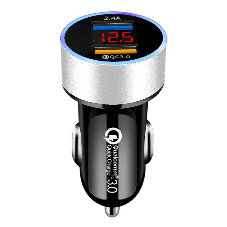 2 PCS Aluminum Ring Display Car Charger  QC3.0+2.4A Aluminum Alloy Multi-function Halo Digital Display Car Charger(Snow Silver) - Car Charger by PMC TechLife | Online Shopping South Africa | PMC TechLife