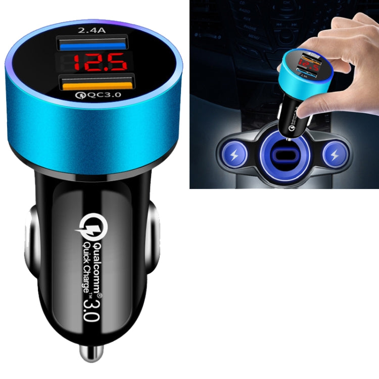 2 PCS Aluminum Ring Display Car Charger  QC3.0+2.4A Aluminum Alloy Multi-function Halo Digital Display Car Charger(Sapphire Blue) - Car Charger by PMC TechLife | Online Shopping South Africa | PMC TechLife