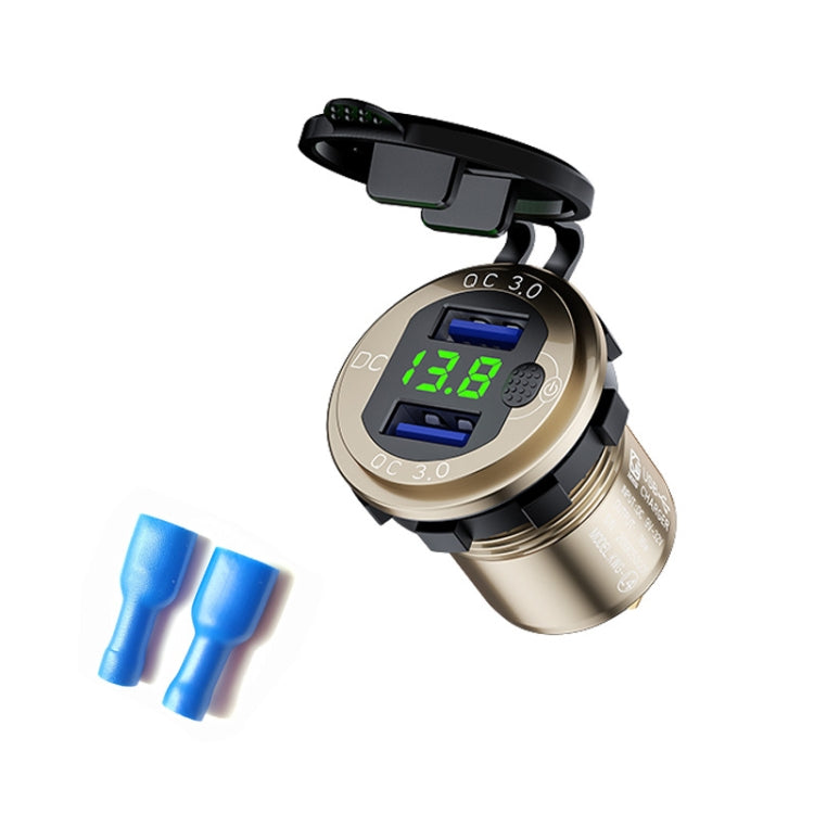 Aluminum Alloy Double QC3.0 Fast Charge With Button Switch Car USB Charger Waterproof Car Charger Specification: Golden Shell Green Light With Terminal - DIY Modified Charger by PMC TechLife | Online Shopping South Africa | PMC TechLife | Buy Now Pay Later Mobicred